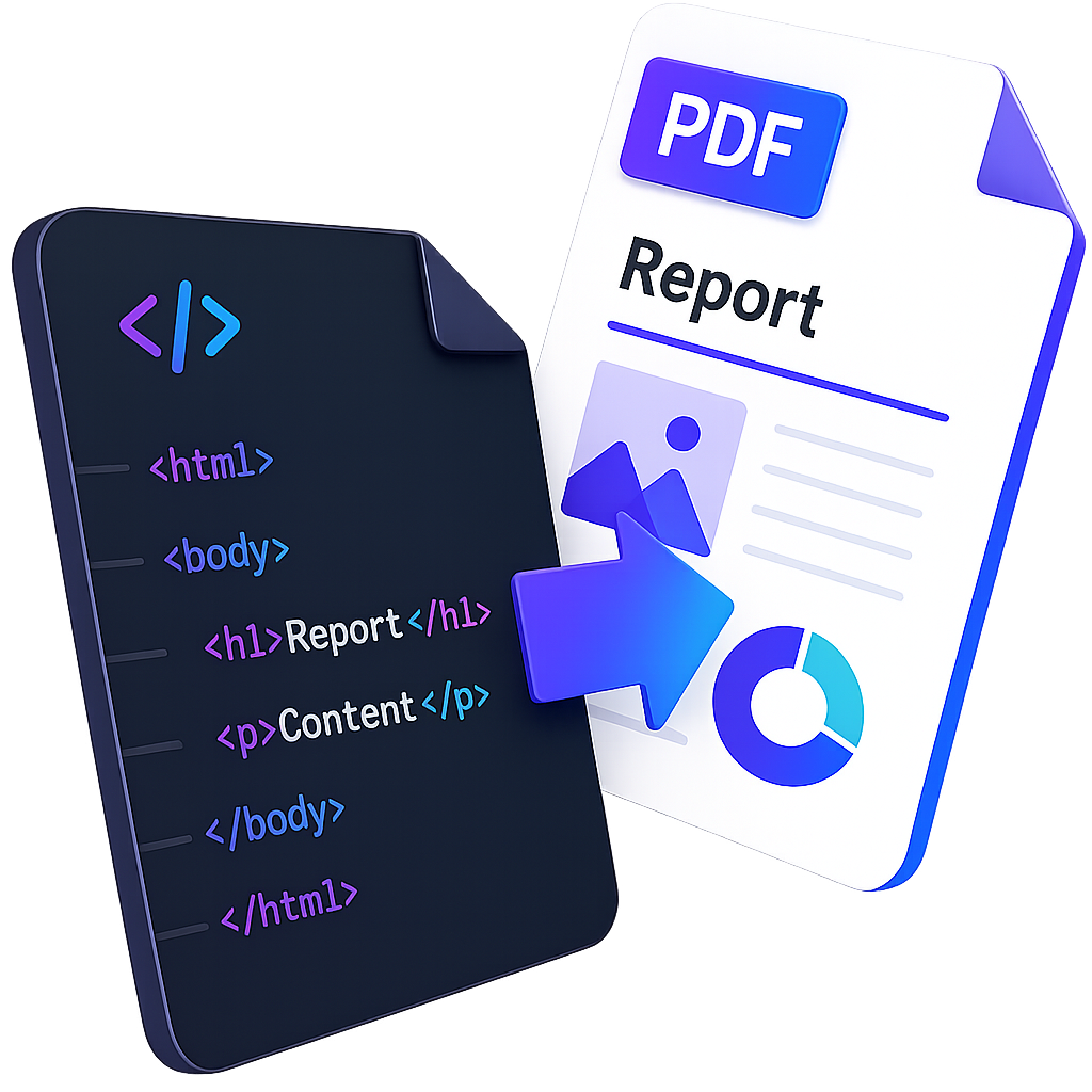 Rendyrd public-page image showing HTML transformed into a PDF report.